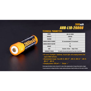 Fenix 18650 Rechargeable Battery ARB-L18-2600U – 2600mA with USB Port